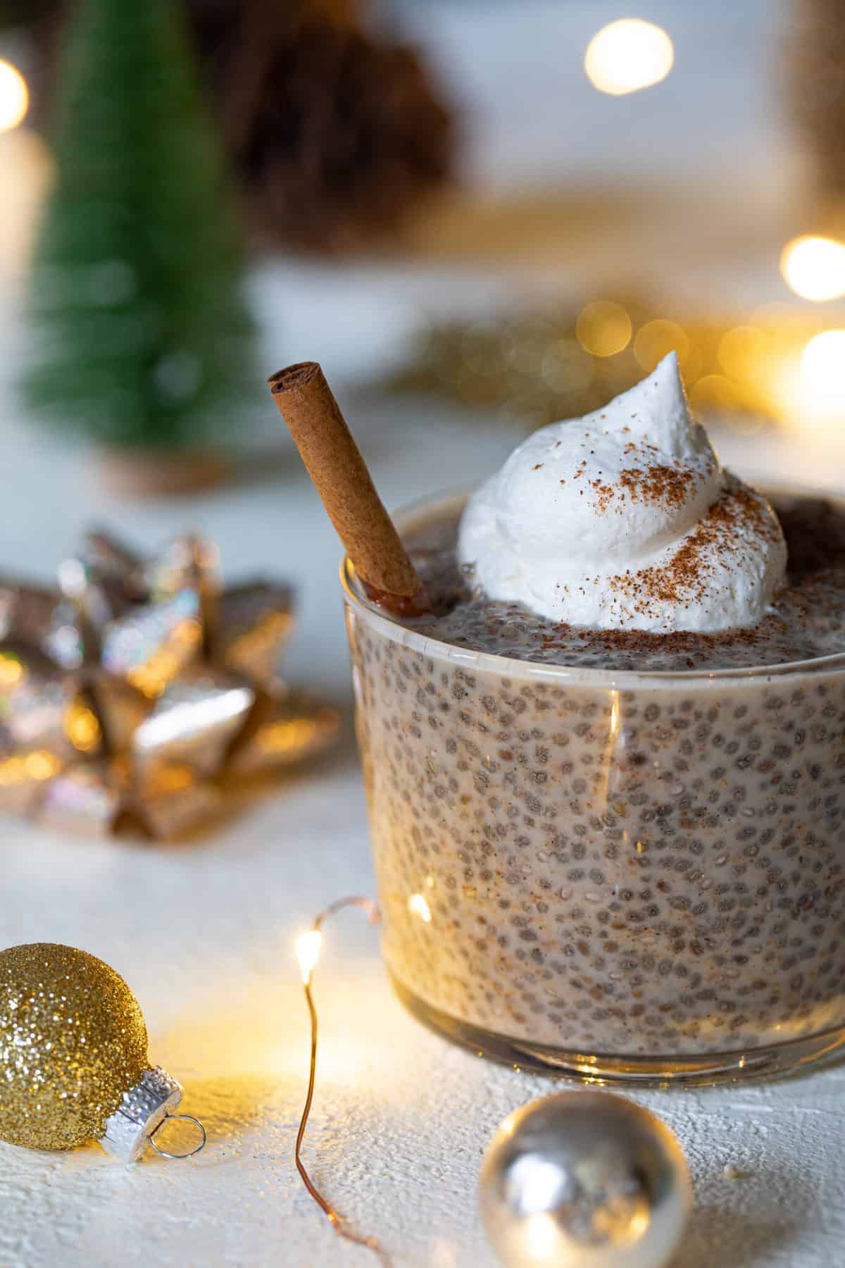 Chai Latte Chia Pudding in a small glass.