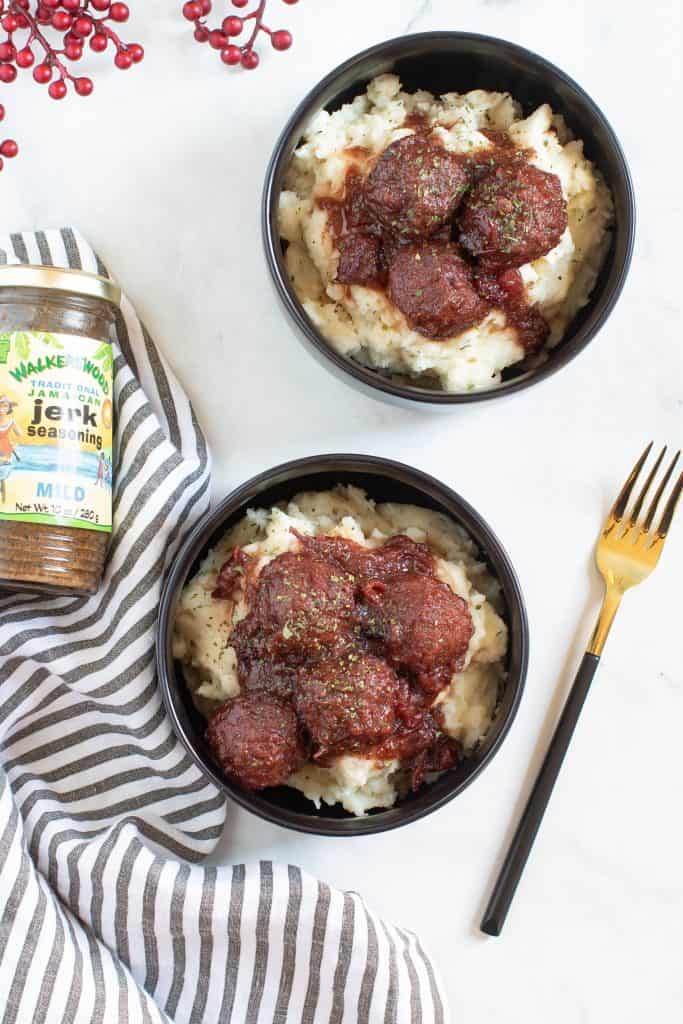 Cranberry Jerk Meatballs + Herbed Mashed Potatoes