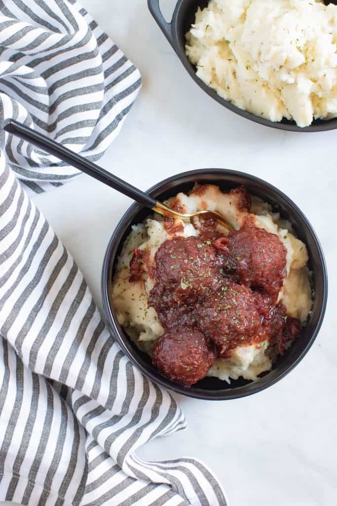 Cranberry Jerk Meatballs + Herbed Mashed Potatoes