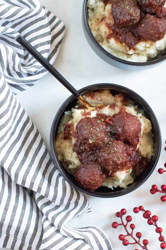 Cranberry Jerk Meatballs + Herbed Mashed Potatoes