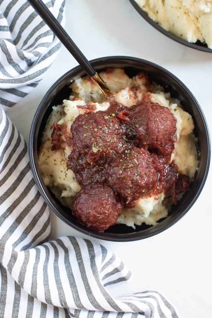 Cranberry Jerk Meatballs + Herbed Mashed Potatoes