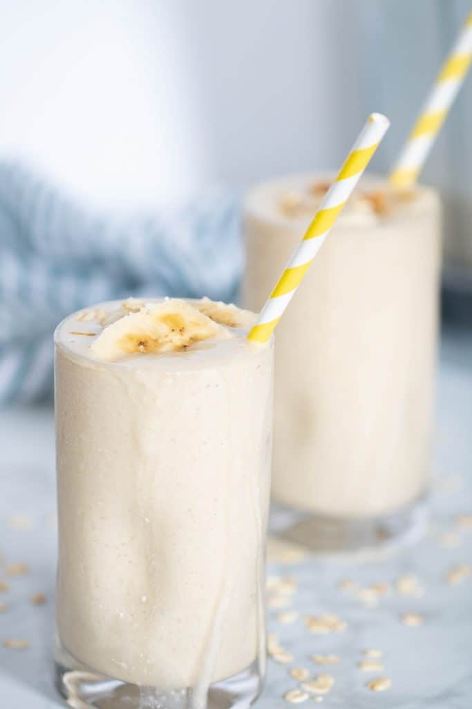 Two Peanut Butter Banana Oats Smoothies.