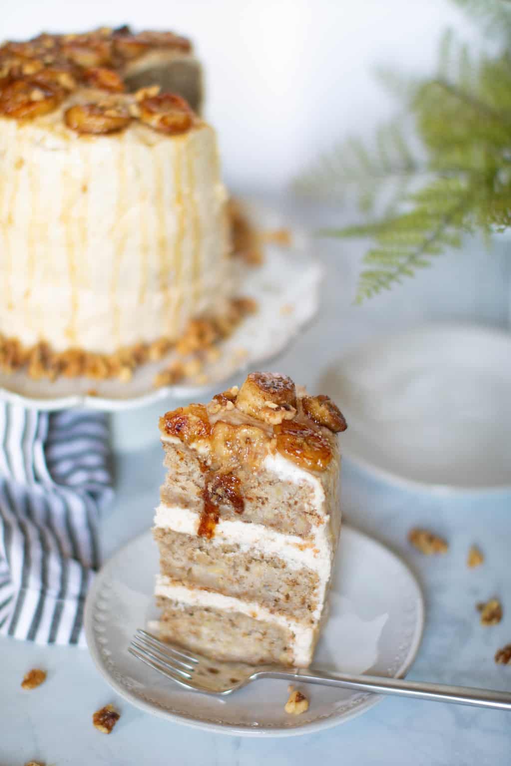 Slice of cake on a white plate.