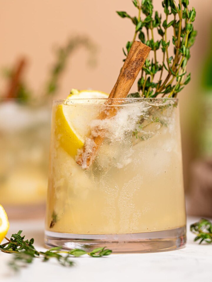 Pear Ginger Lemon and Thyme Drink in a small glass