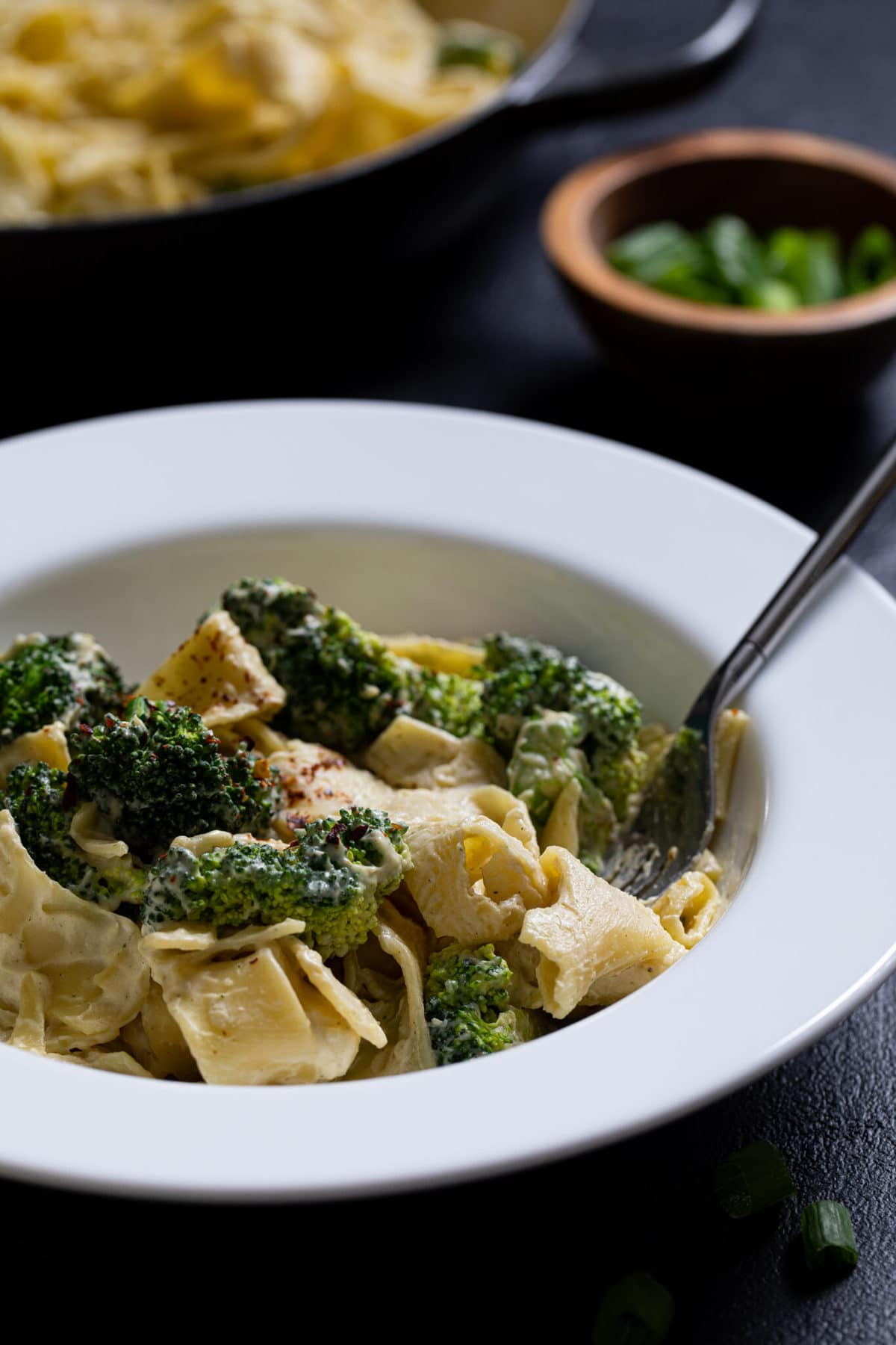 Large-rimmed plate of Vegan Broccoli Alfredo Pasta with a fork.