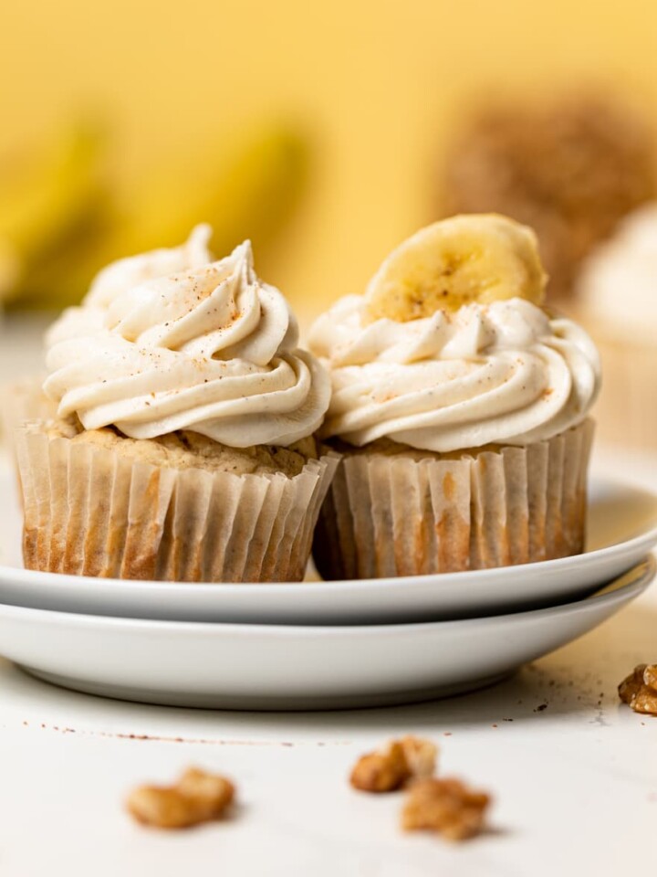 Banana Cupcakes with Maple Buttercream on a plate.