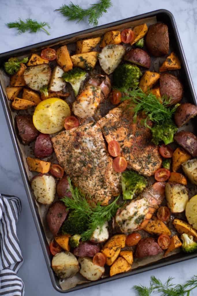 Sheet Pan Garlic Herb Salmon, Lobster, + Veggies
