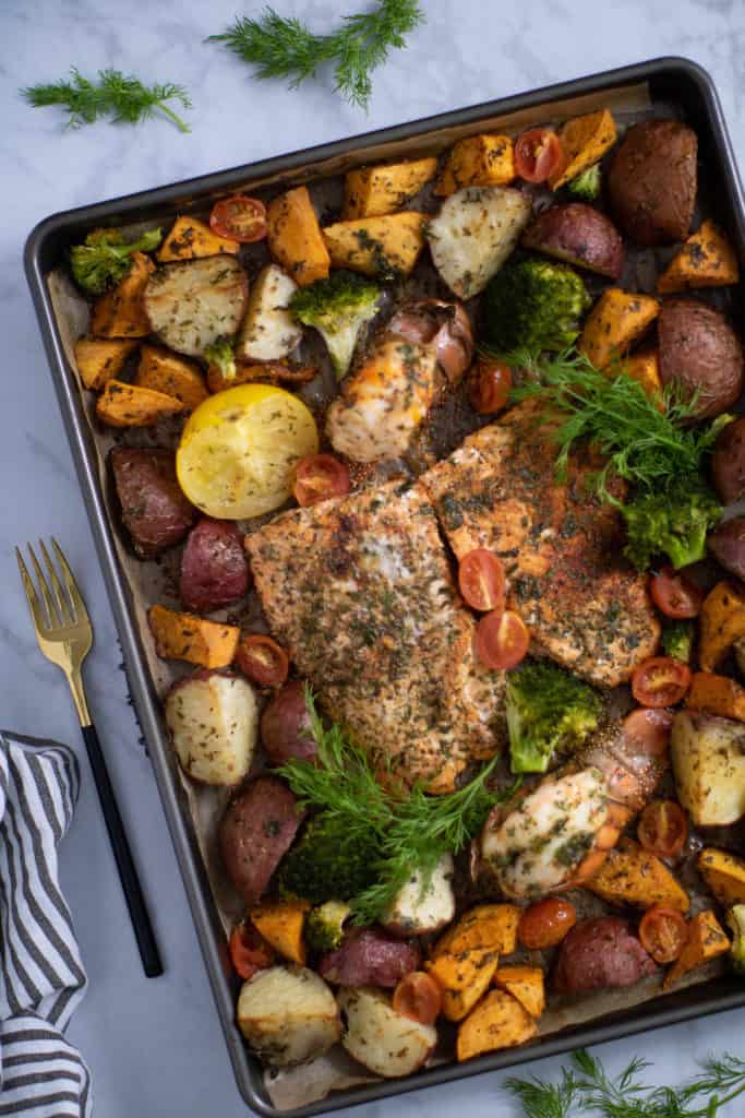 Sheet Pan Garlic Herb Salmon, Lobster, + Veggies