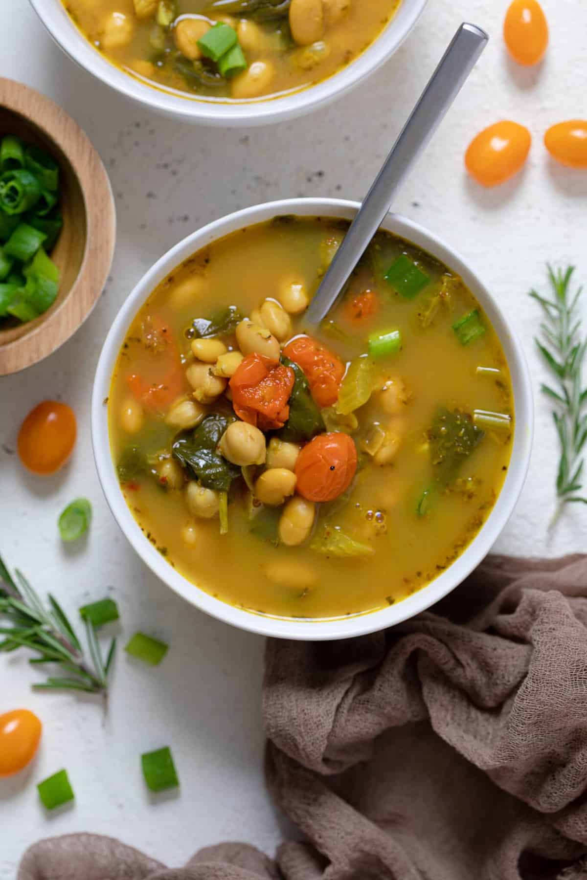 Overhead shot of a bowl of Vegan Tuscan Kale Chickpea Soup