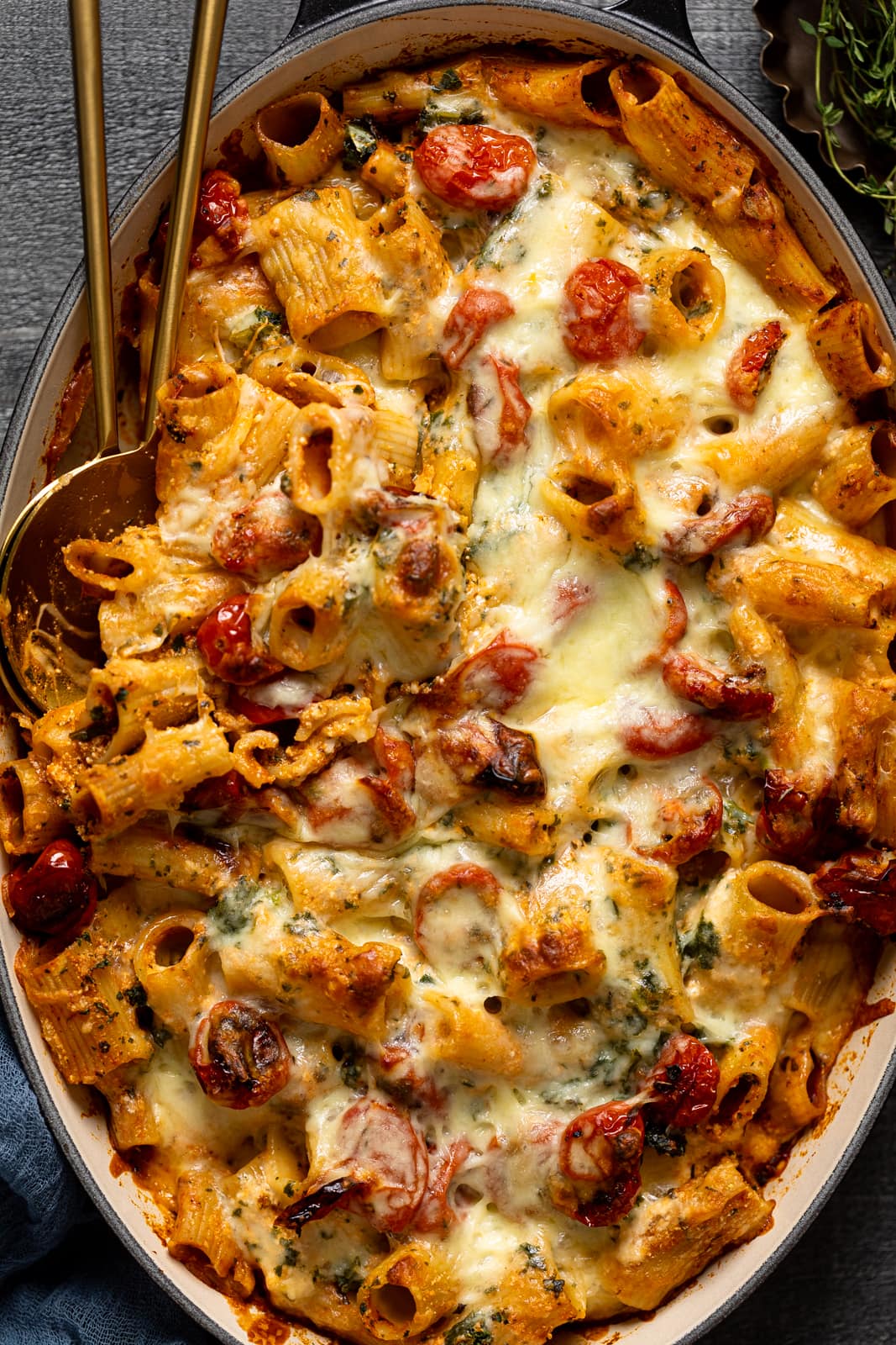 Dutch oven full of Meatless Baked Ziti with Ricotta and Mozzarella