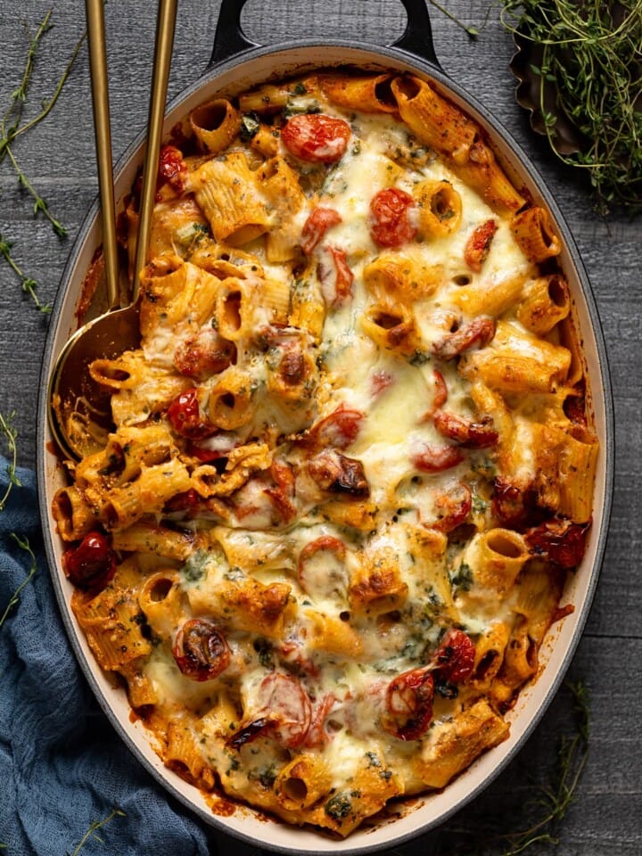 Overhead shot of Meatless Baked Ziti with Ricotta and Mozzarella