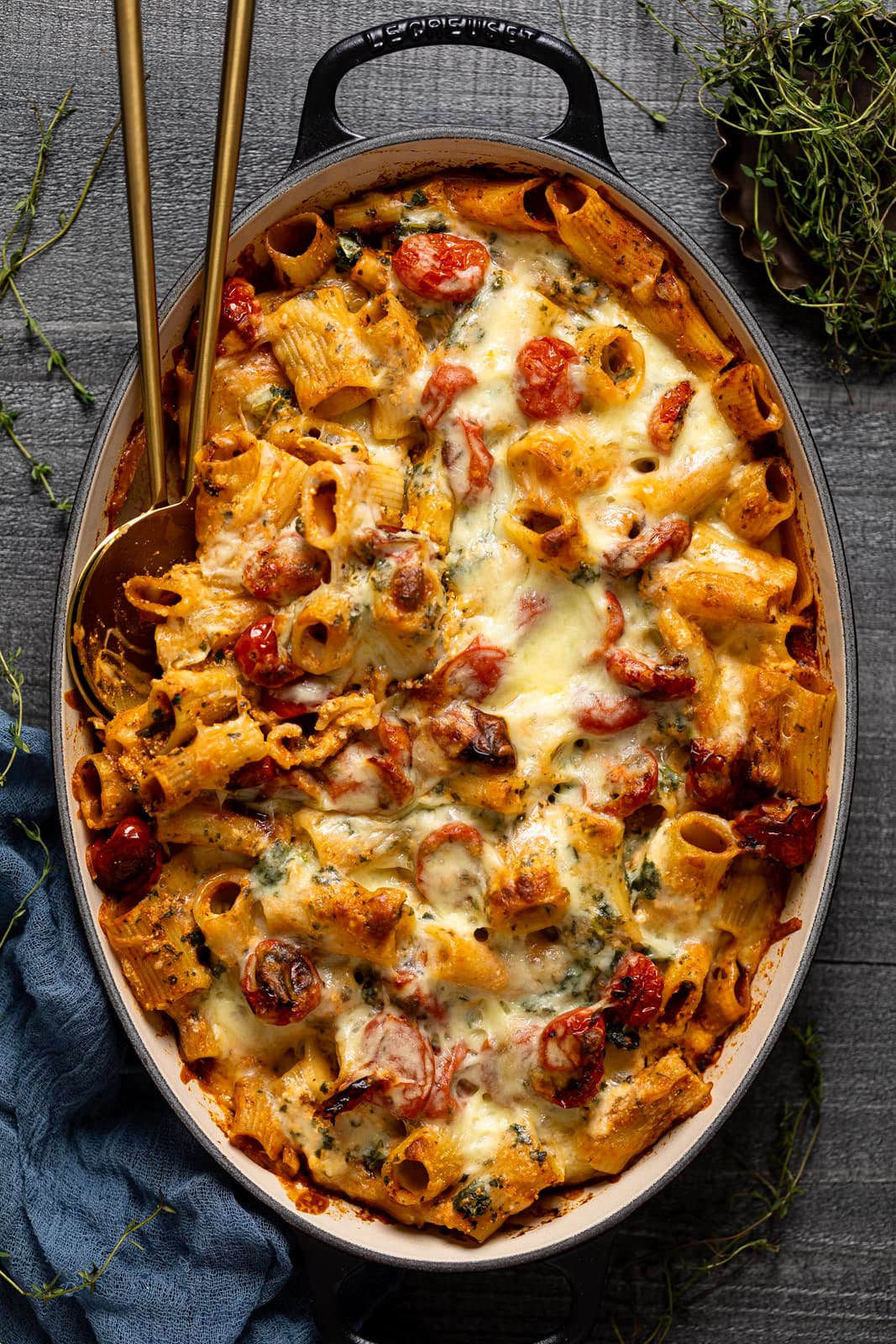 Overhead shot of Meatless Baked Ziti with Ricotta and Mozzarella