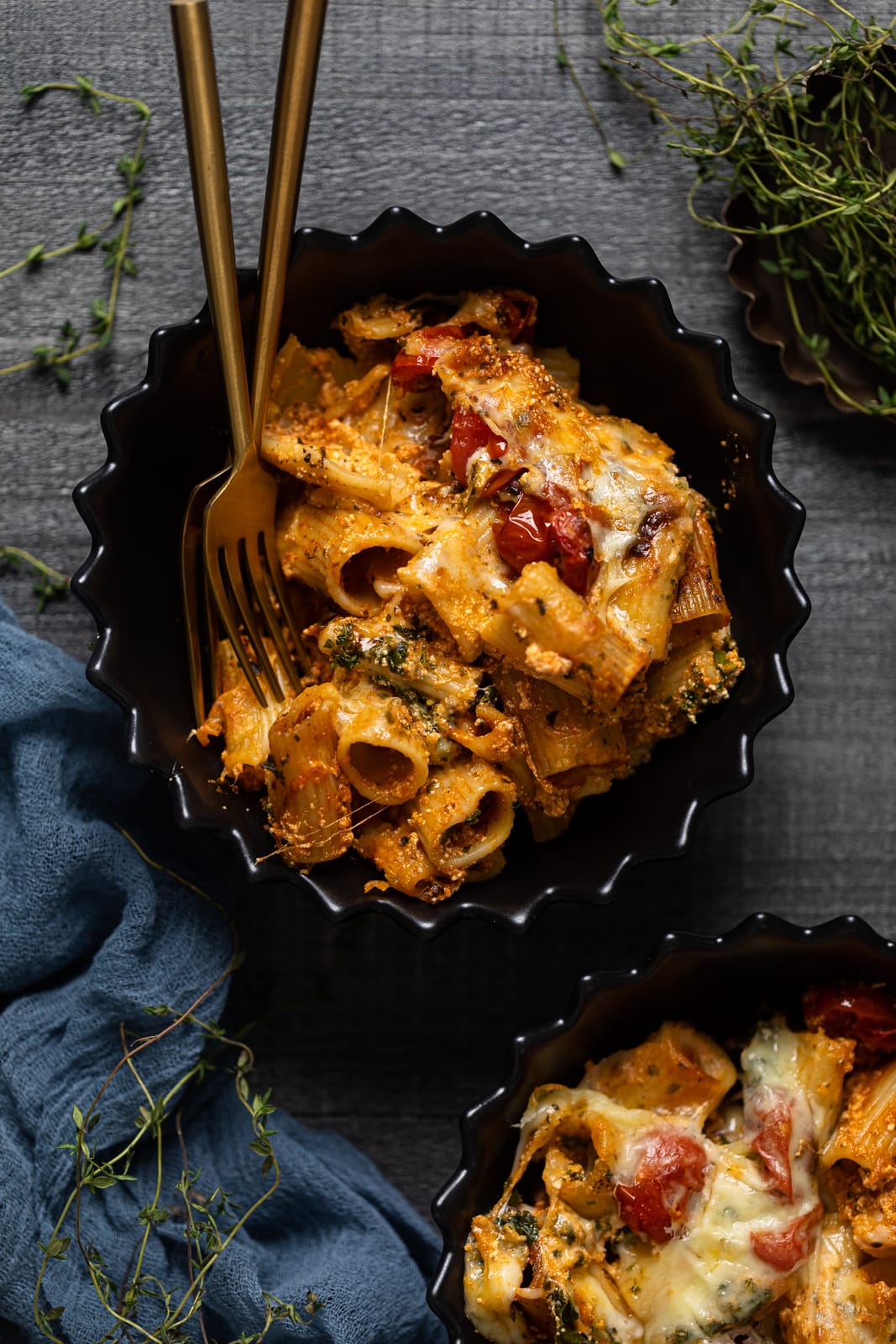 Bowl of Meatless Baked Ziti with Ricotta and Mozzarella