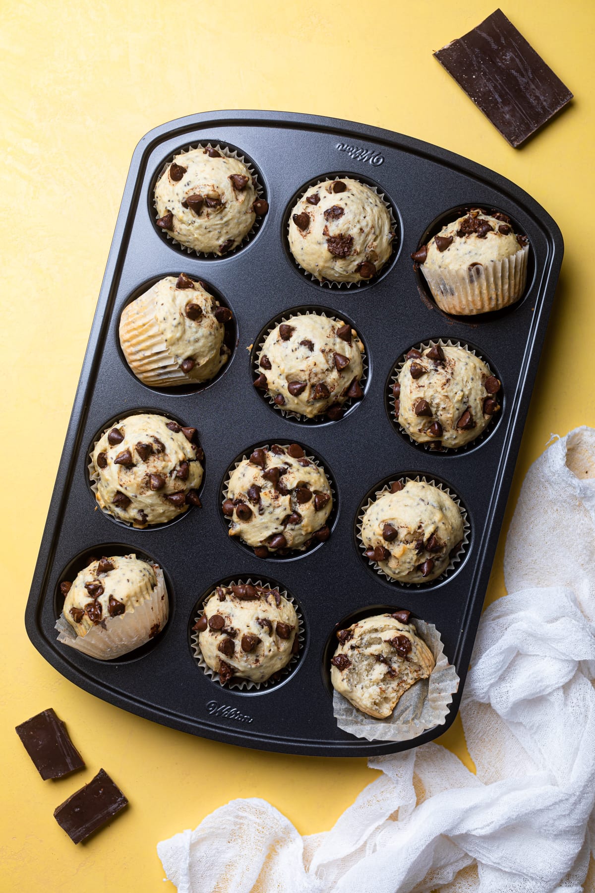 Chocolate Chip Chia Seed Energy Muffins in a muffin pan