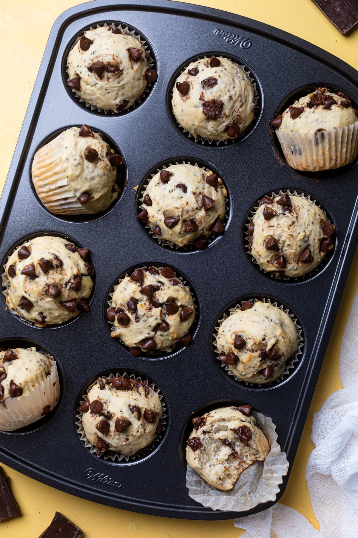 Chocolate Chip Chia Seed Energy Muffins in a muffin pan