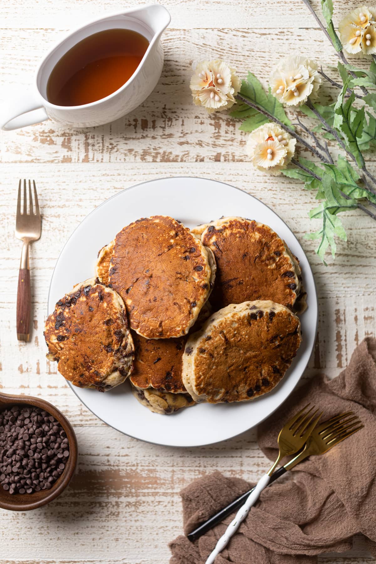 Plate of Vegan Banana Chocolate Chip Pancakes