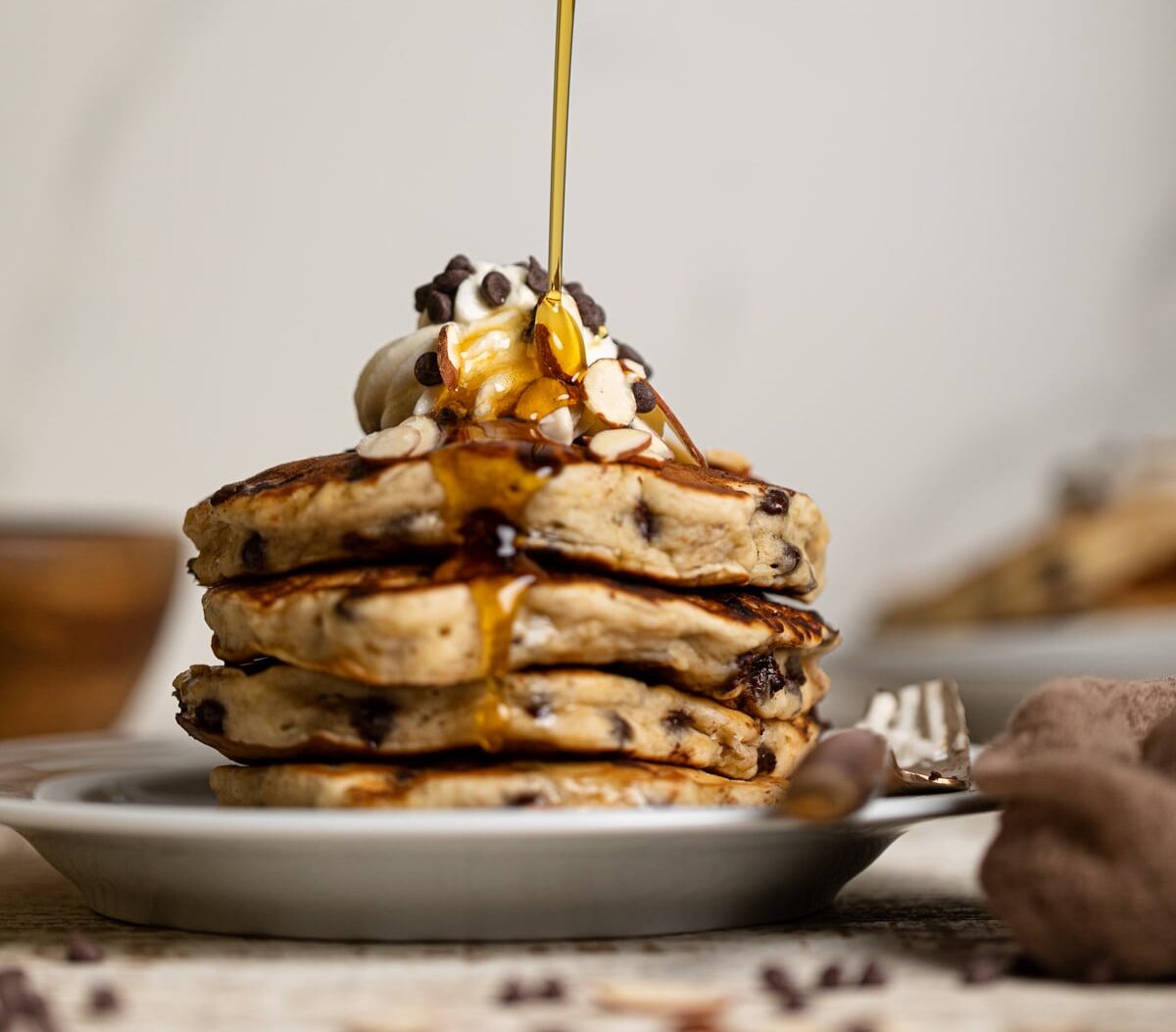 Fluffy Vegan Banana Chocolate Chip Pancakes