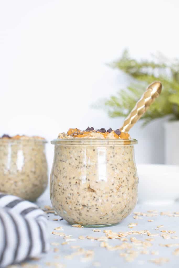 Two jars of Peanut Butter Chia Seed Overnight Oats.