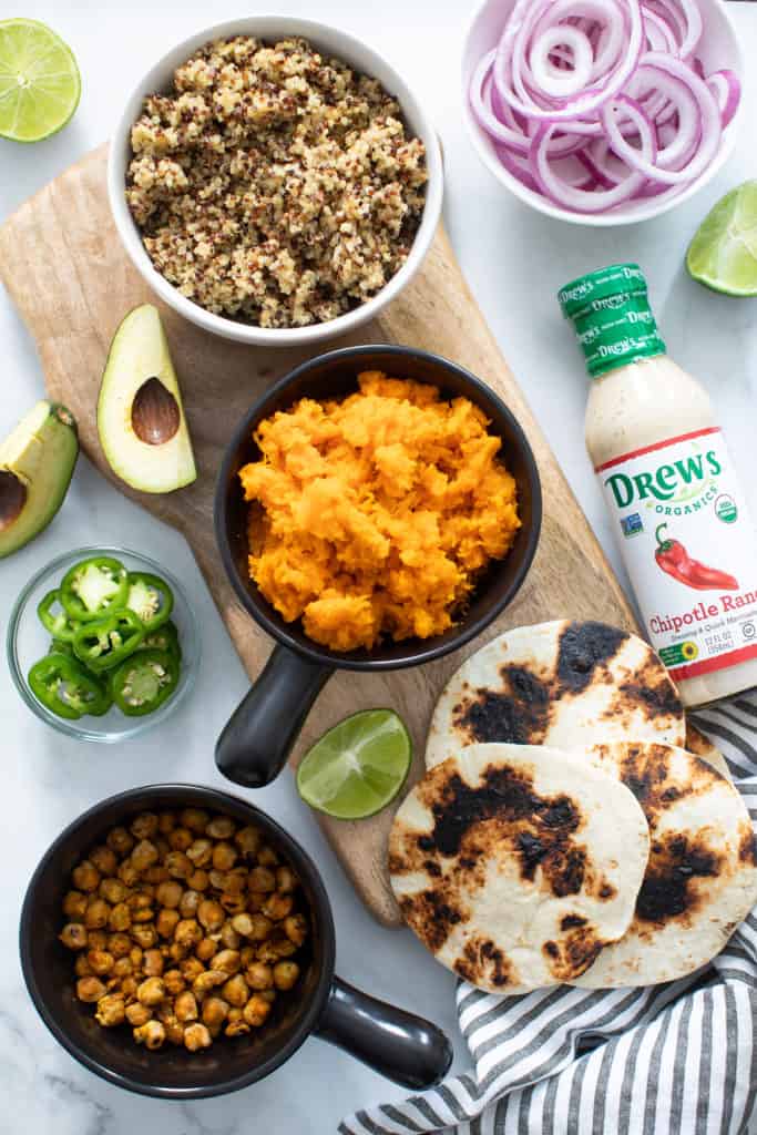 Roasted Chickpea Quinoa Sweet Potato Chipotle Ranch Tacos