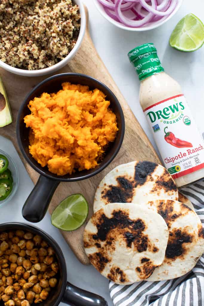 Roasted Chickpea Quinoa Sweet Potato Chipotle Ranch Tacos