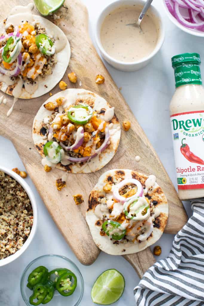 Roasted Chickpea Quinoa Sweet Potato Chipotle Ranch Tacos