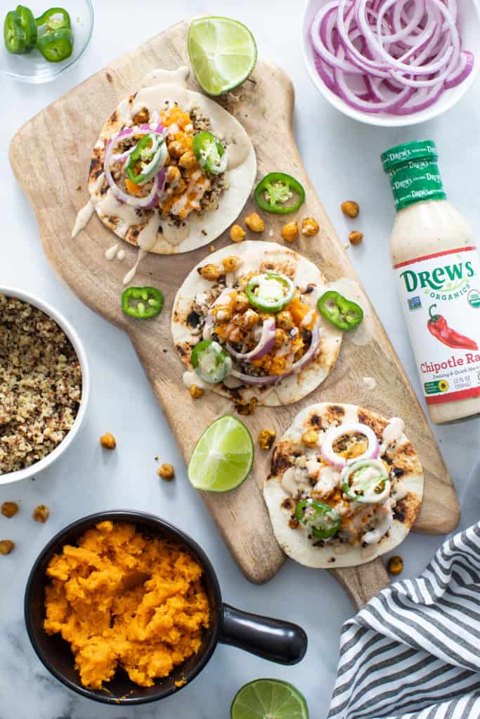 Roasted Chickpea Quinoa Sweet Potato Chipotle Ranch Tacos