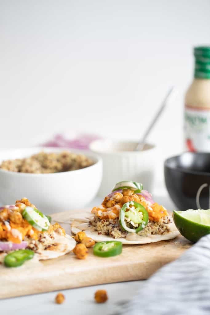 Roasted Chickpea Quinoa Sweet Potato Chipotle Ranch Tacos