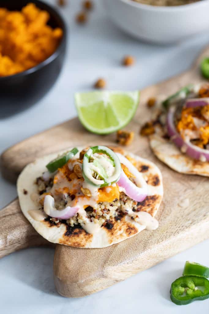 Roasted Chickpea Quinoa Sweet Potato Chipotle Ranch Tacos