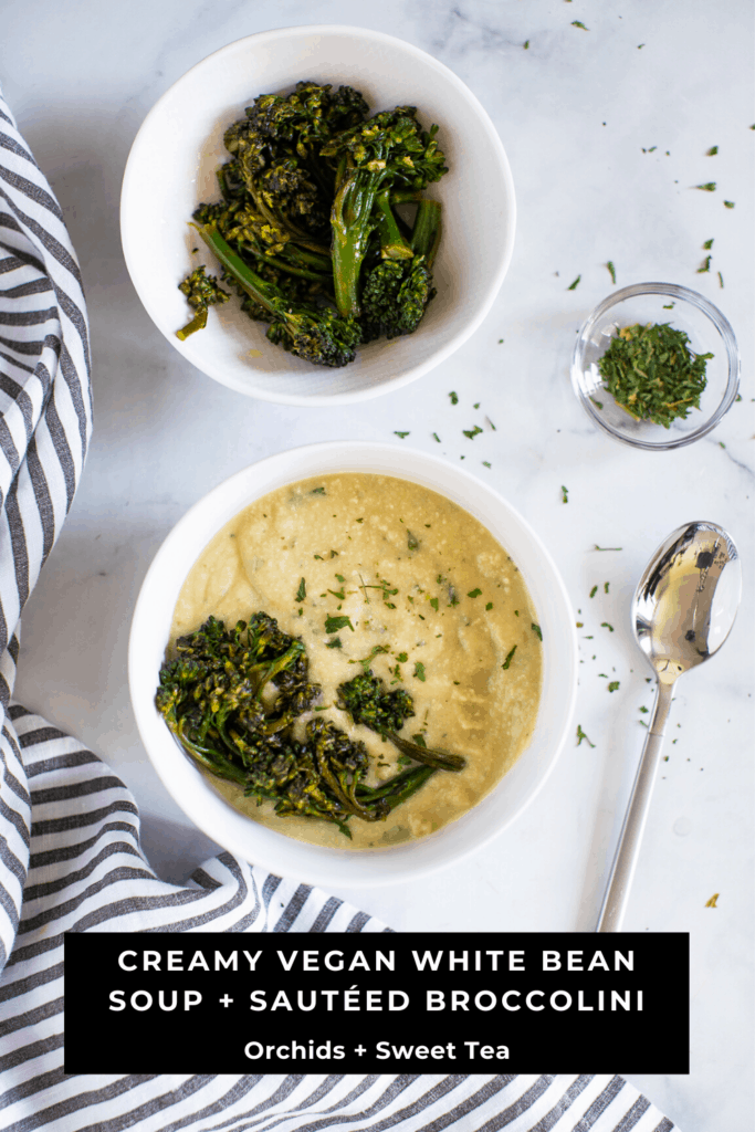 Creamy Vegan White Bean Soup + Sautéed Broccolini