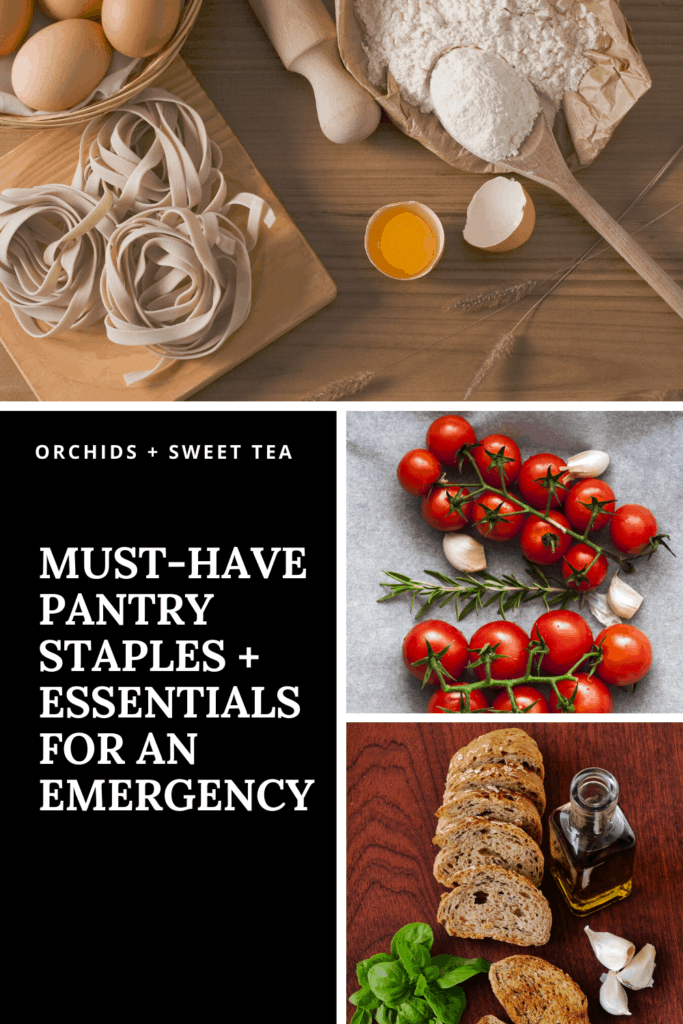 Collage with text \"Must-Have Pantry Staples + Essentials for an Emergency.\"