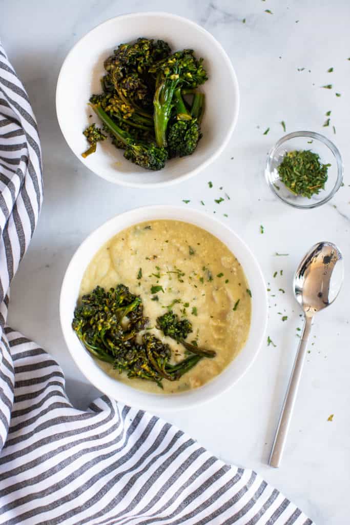Creamy Vegan White Bean Soup + Sautéed Broccolini
