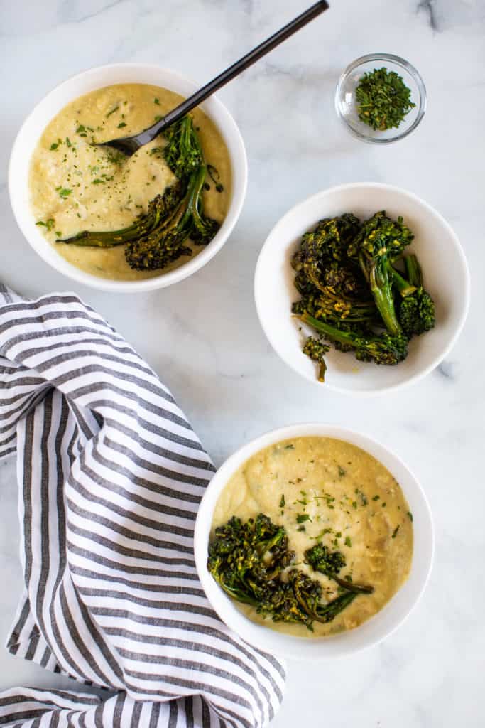 Creamy Vegan White Bean Soup + Sautéed Broccolini