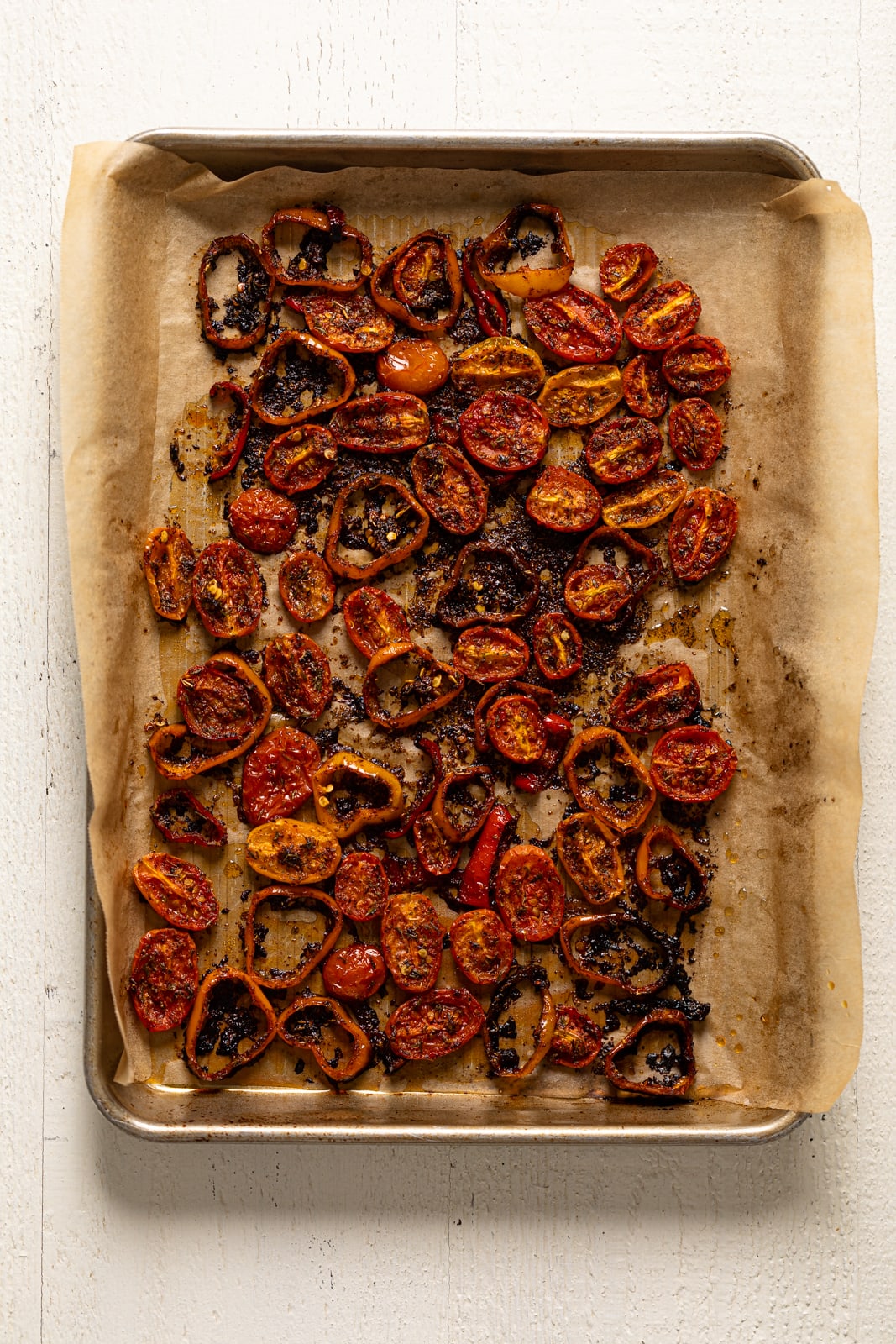 Roasted tomatoes on a sheet pan