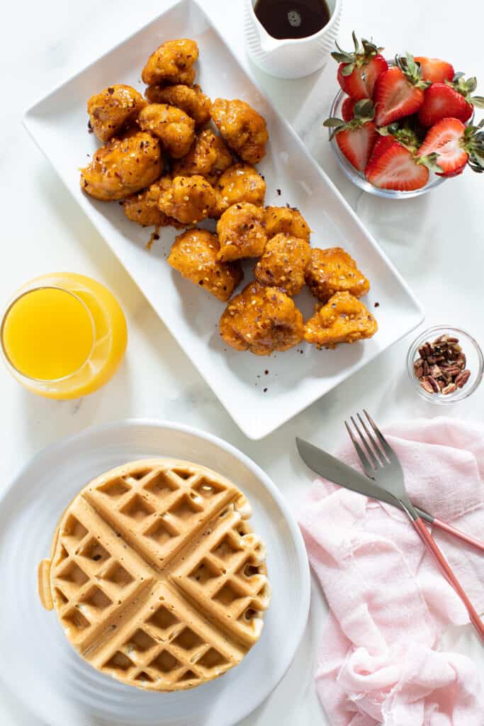 Sweet + Spicy Cauliflower Bites + Maple Pecan Waffles