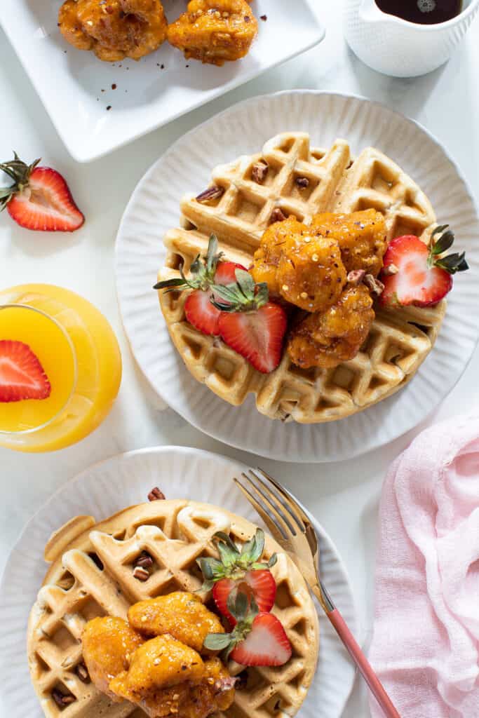 Sweet + Spicy Cauliflower Bites + Maple Pecan Waffles