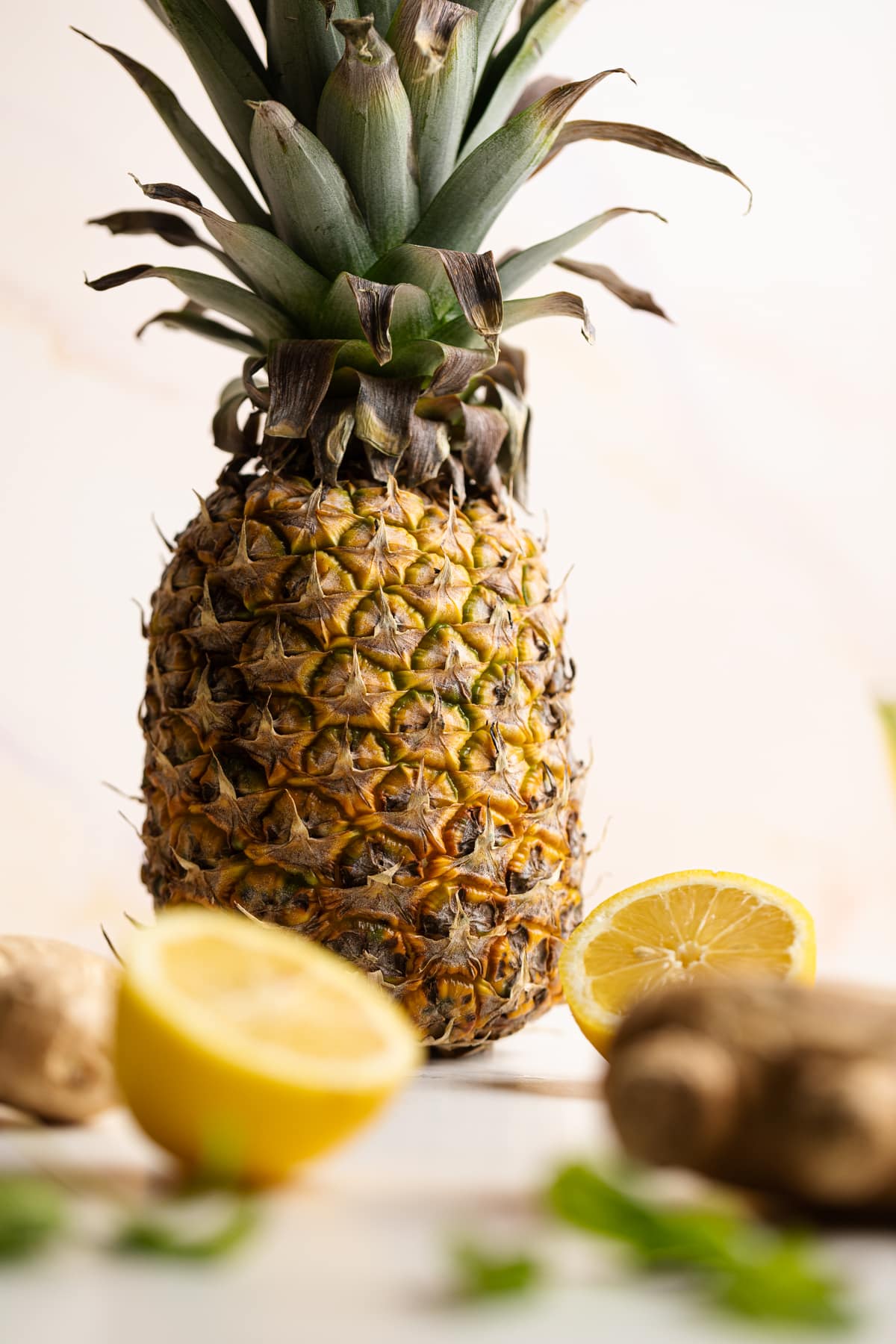 Whole pineapple on a table.