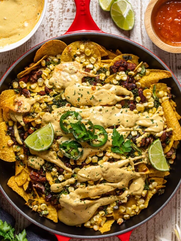 Overhead shot of Loaded Vegan Queso Skillet Nachos