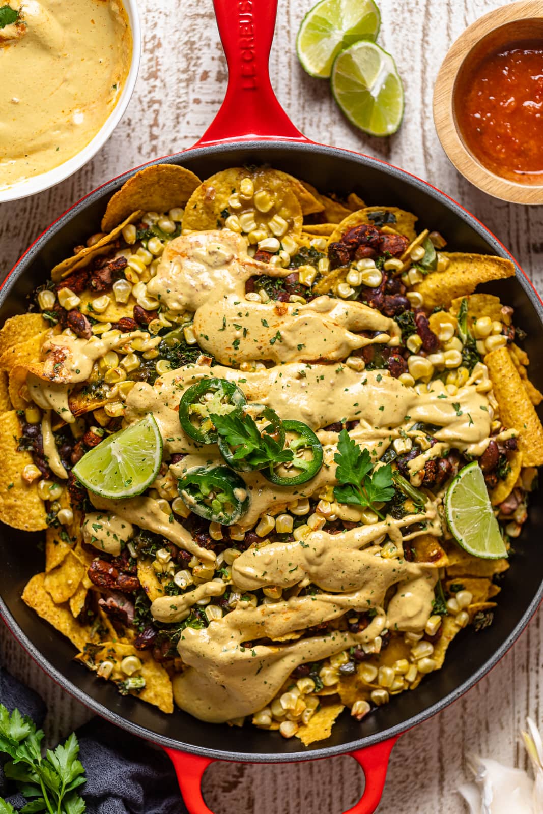 Overhead shot of Loaded Vegan Queso Skillet Nachos