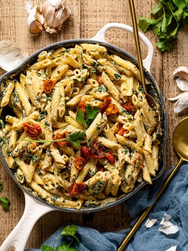 Overhead shot of a skillet of Creamy Vegan Tuscan Kale Pasta