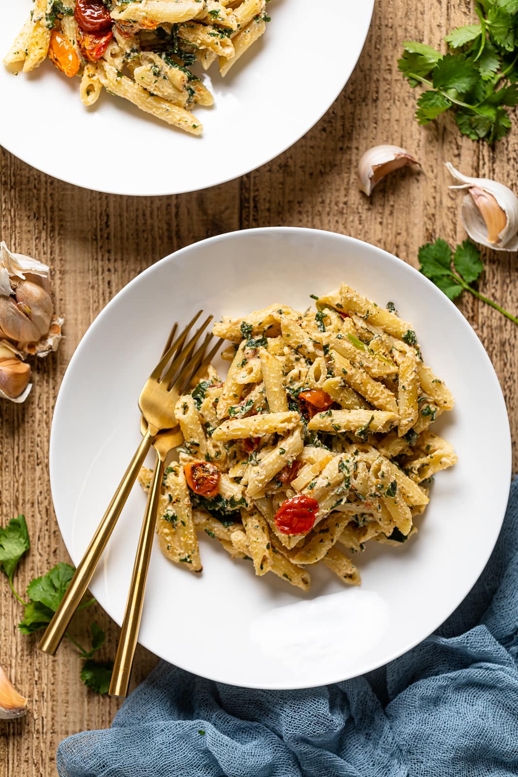 Overhead shot of a plate of Creamy Vegan Tuscan Kale Pasta