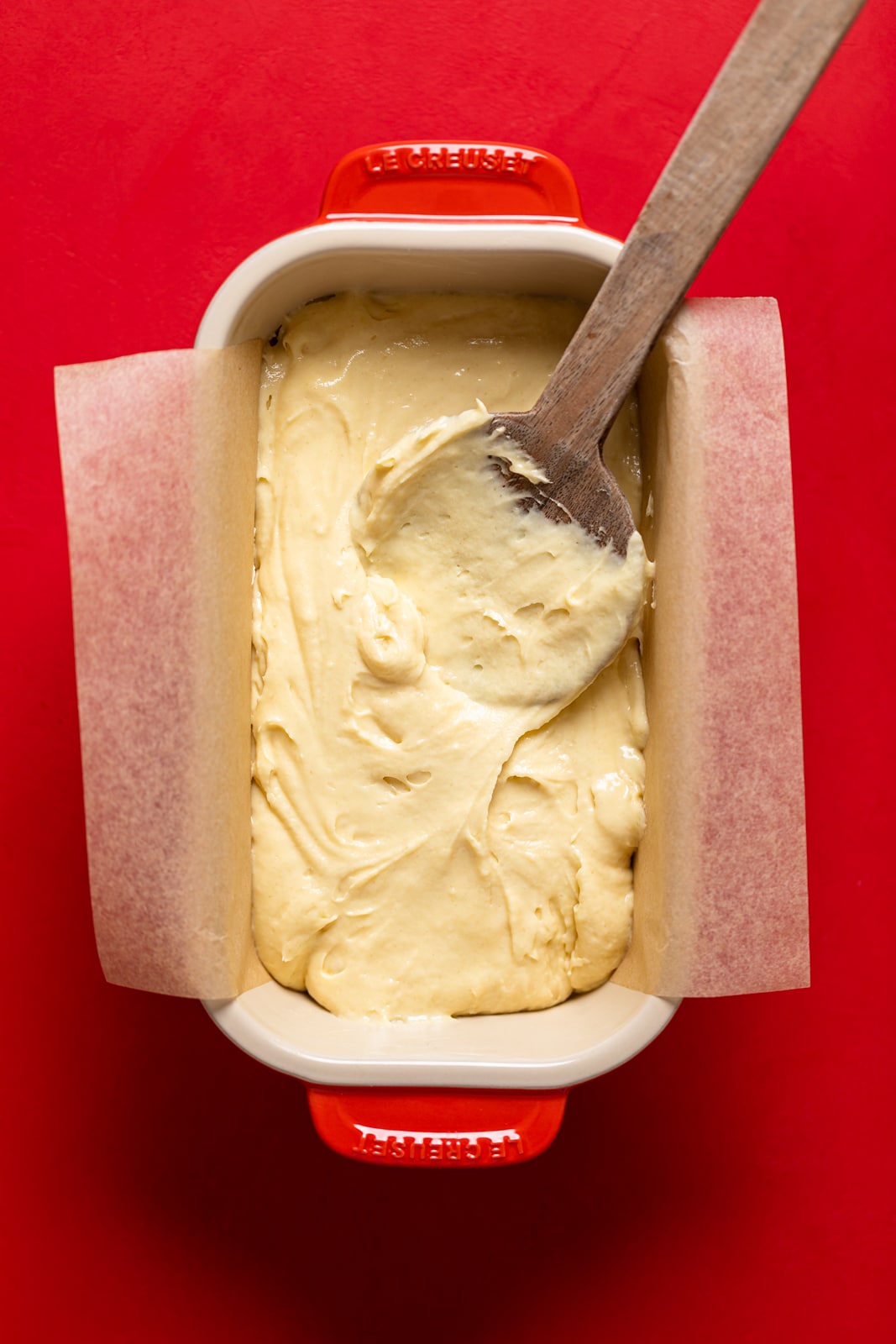 Cream Cheese Pound Cake batter in a bread pan.