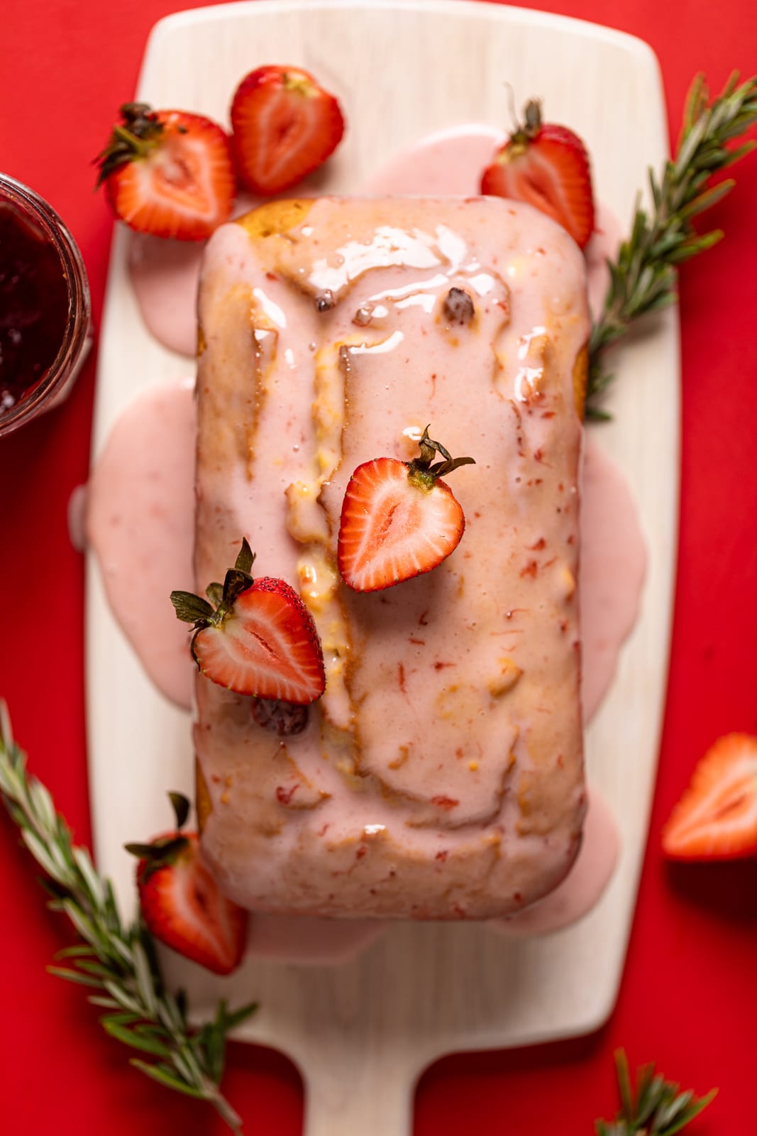 Cream Cheese Pound Cake drizzled with Strawberry Glaze.