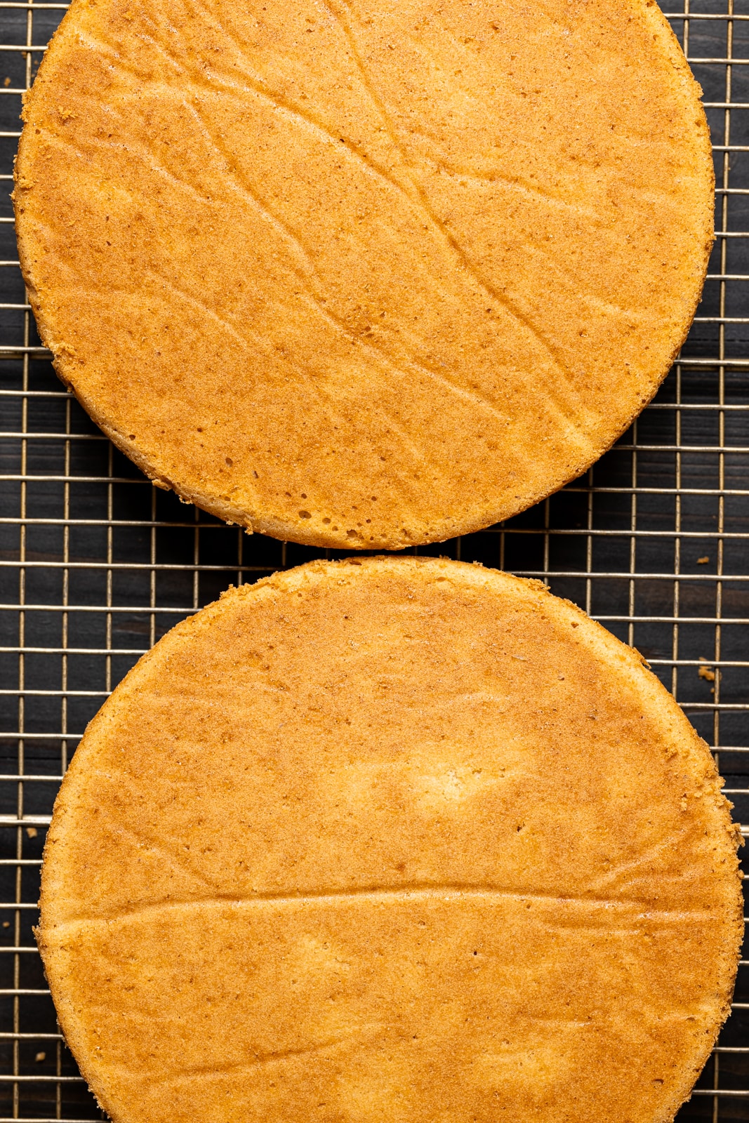 Two baked cake layers on a wire cooling rack.