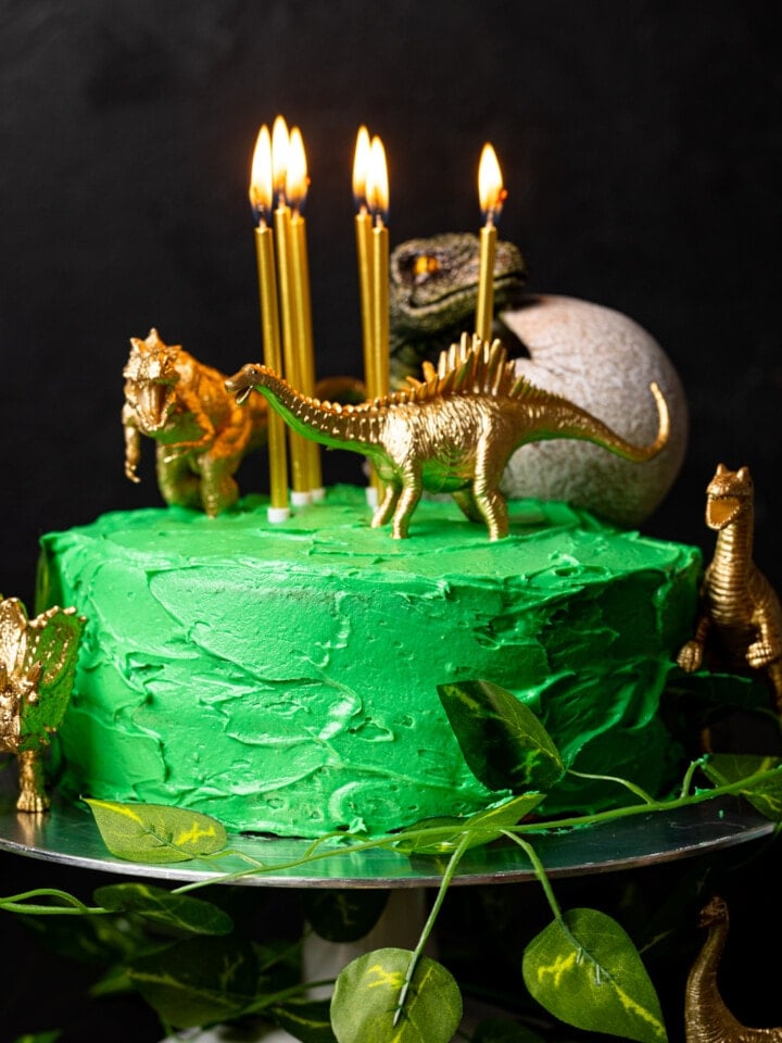 Birthday cake with green frosting and lit candles with toy dinosaurs on top and sides.