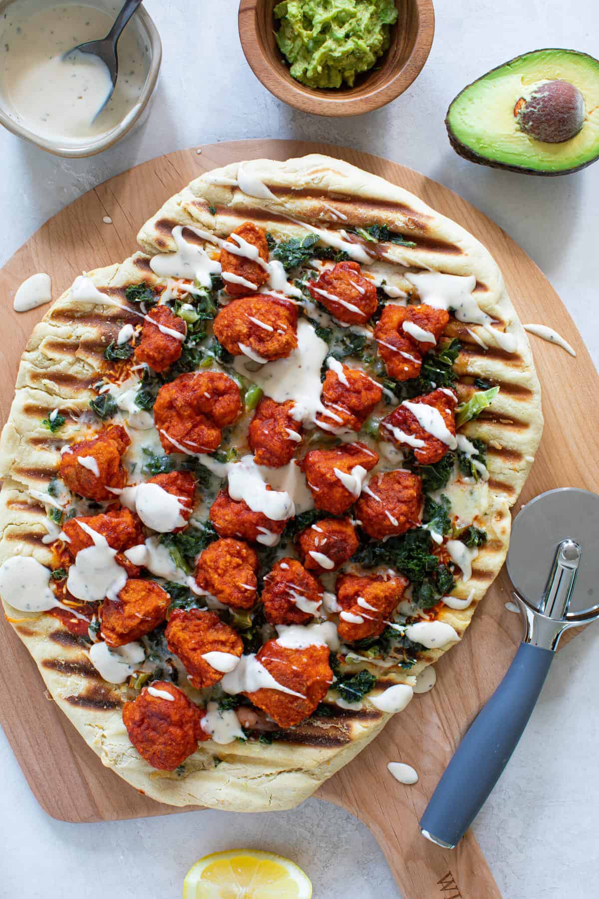 Buffalo Cauliflower Kale Grilled Pizza 