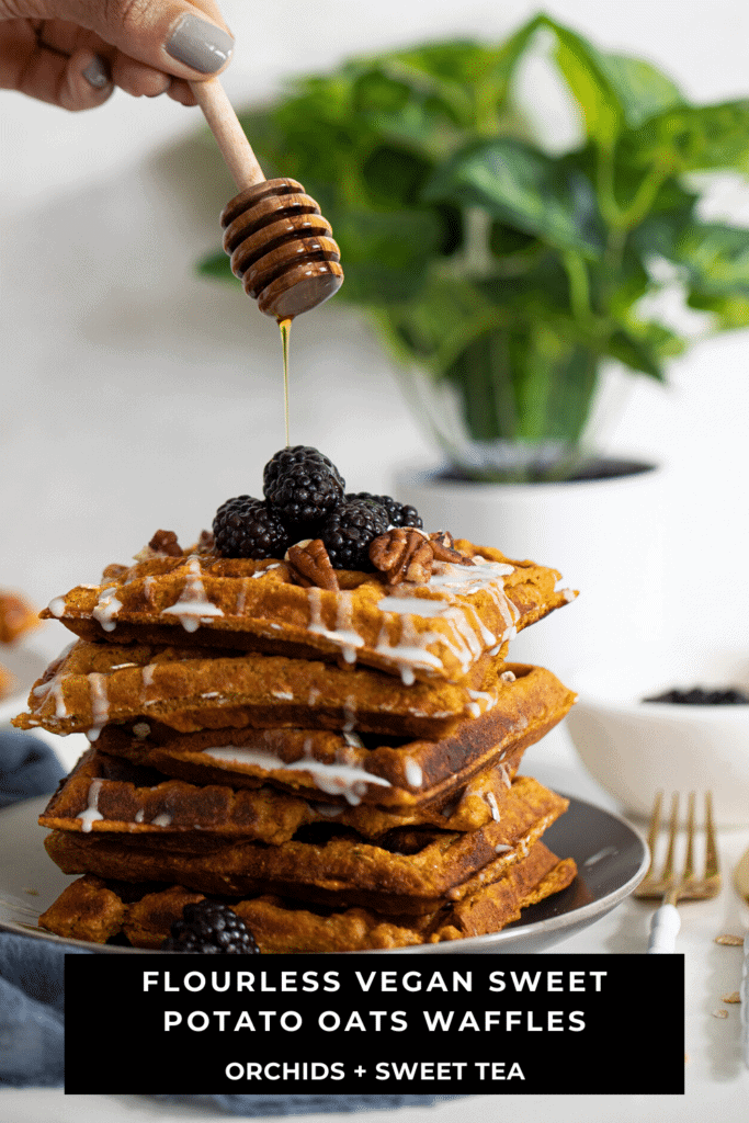 Honey drizzling onto a stack of Flourless Vegan Sweet Potato Oats Waffles.