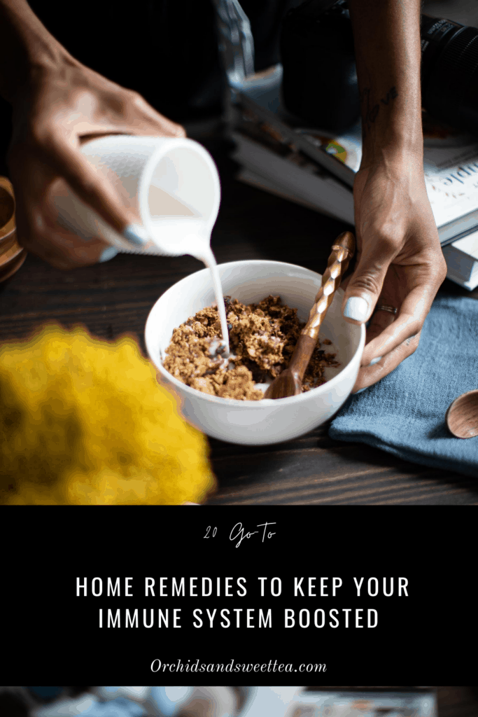 Woman pouring milk into a bowl with text \"20 Go-To Home Remedies to Keep Your Immune System Boosted.\"