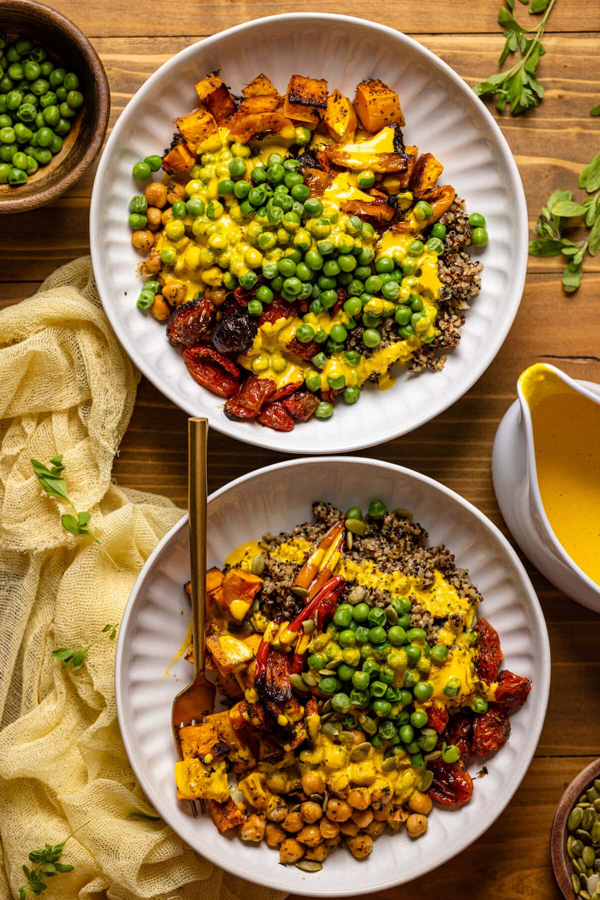 Overhead shot of two Savory Chickpea Quinoa Buddha Bowls