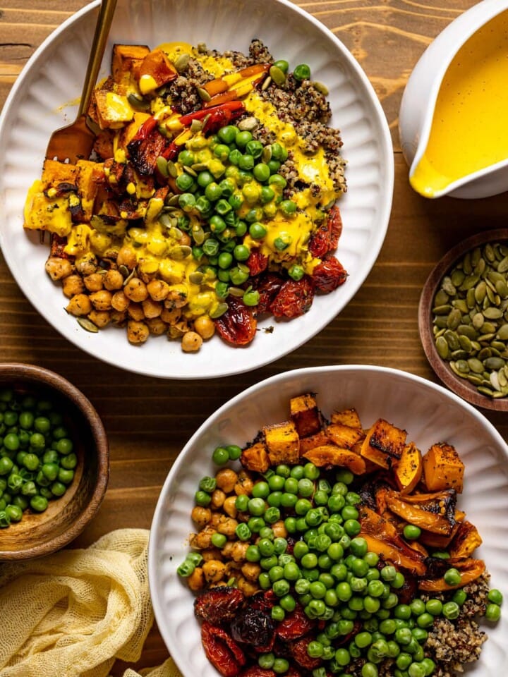 Overhead shot of two Savory Chickpea Quinoa Buddha Bowls