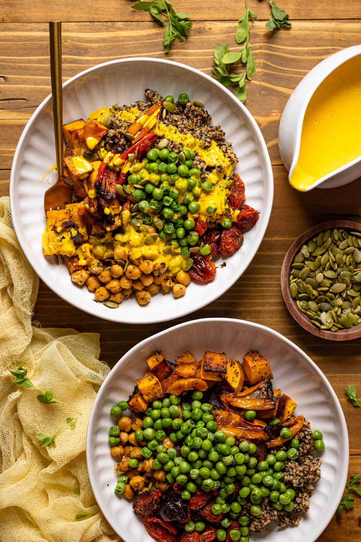 Overhead shot of two Savory Chickpea Quinoa Buddha Bowls